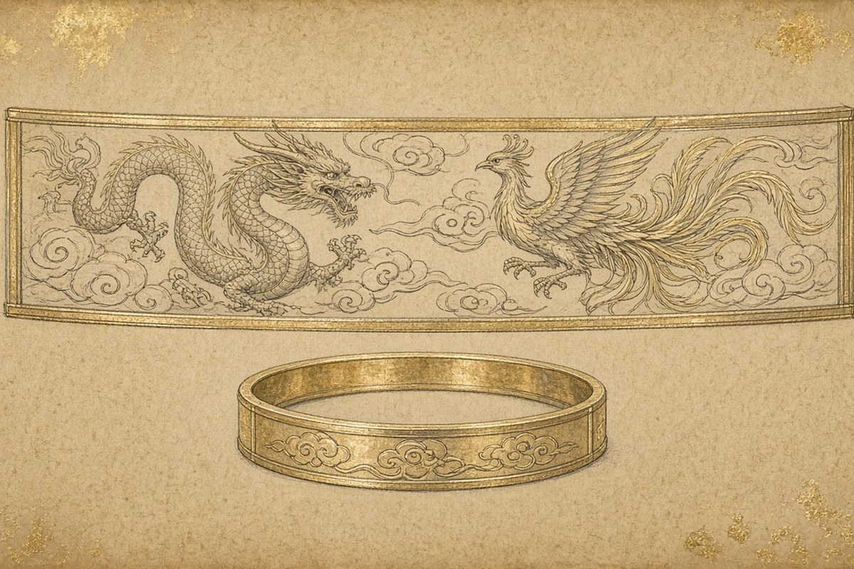 Gouache design sketch of a wide gold bangle with a dragon and phoenix outlined on it