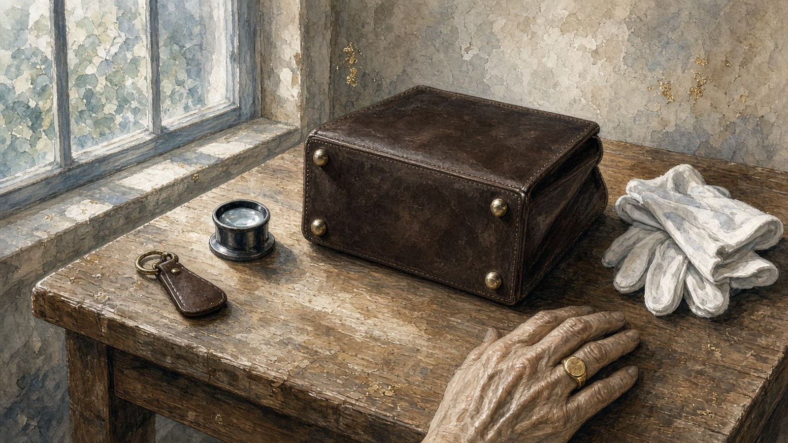 Painting of a leather handbag tipped on its side to show its metal feet beside a loupe, a leather key bell and cotton gloves on an appraisal table