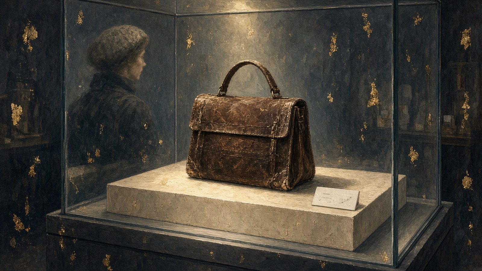Painting of a scuffed, well-worn brown leather handbag on a plinth inside a softly lit museum display case