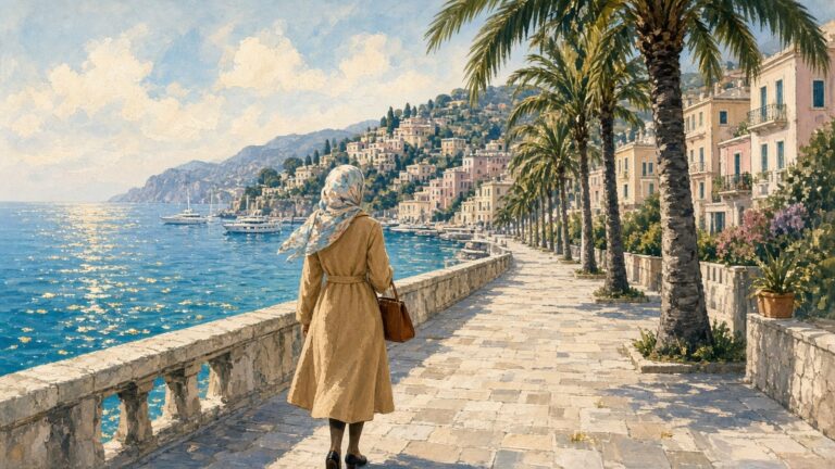 Painting of a woman in a camel coat and headscarf seen from behind on a 1950s Riviera promenade, carrying a structured brown leather handbag