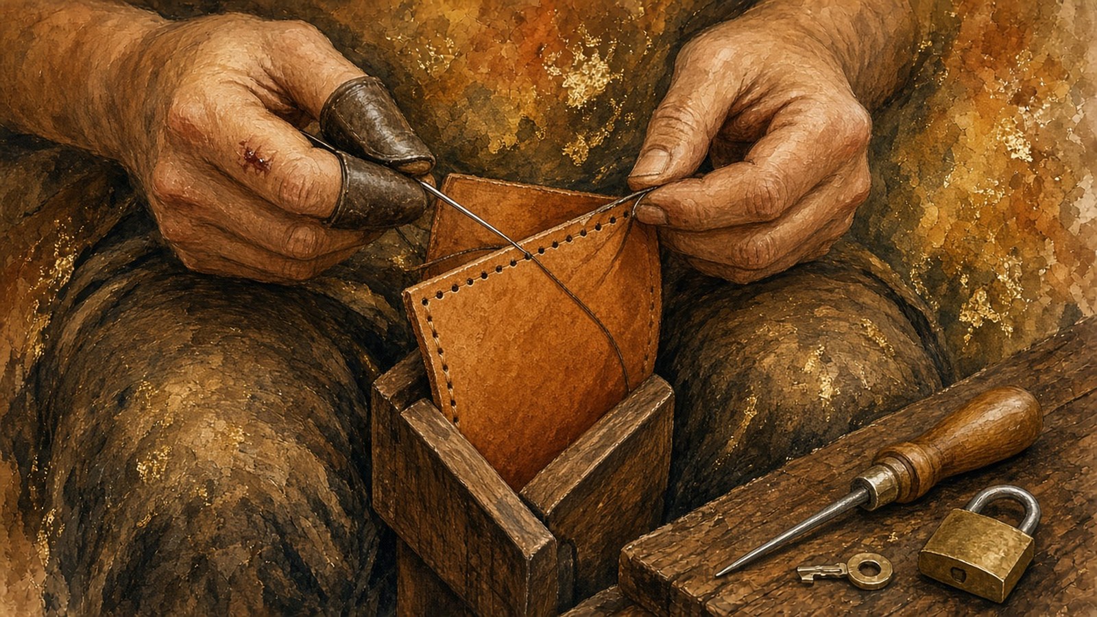 Painting of an artisan's hands saddle-stitching a leather panel in a wooden clamp, an awl and a small brass padlock beside them