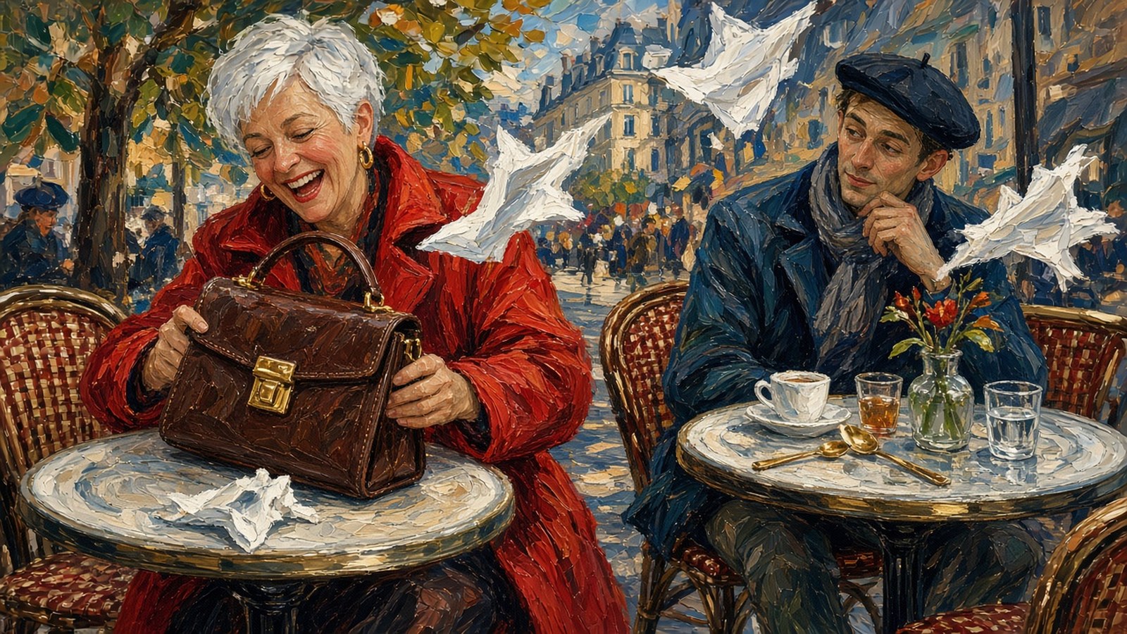 Painting of a laughing woman in a red coat setting a structured leather bag with a worn handle on a café table as a young man in a beret glances over