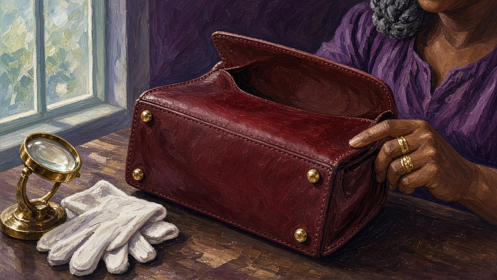 Painting of a heavy-set woman with grey braids tracing the stitching of a leather bag tipped on its side to show its metal feet, a magnifier and cotton gloves beside it