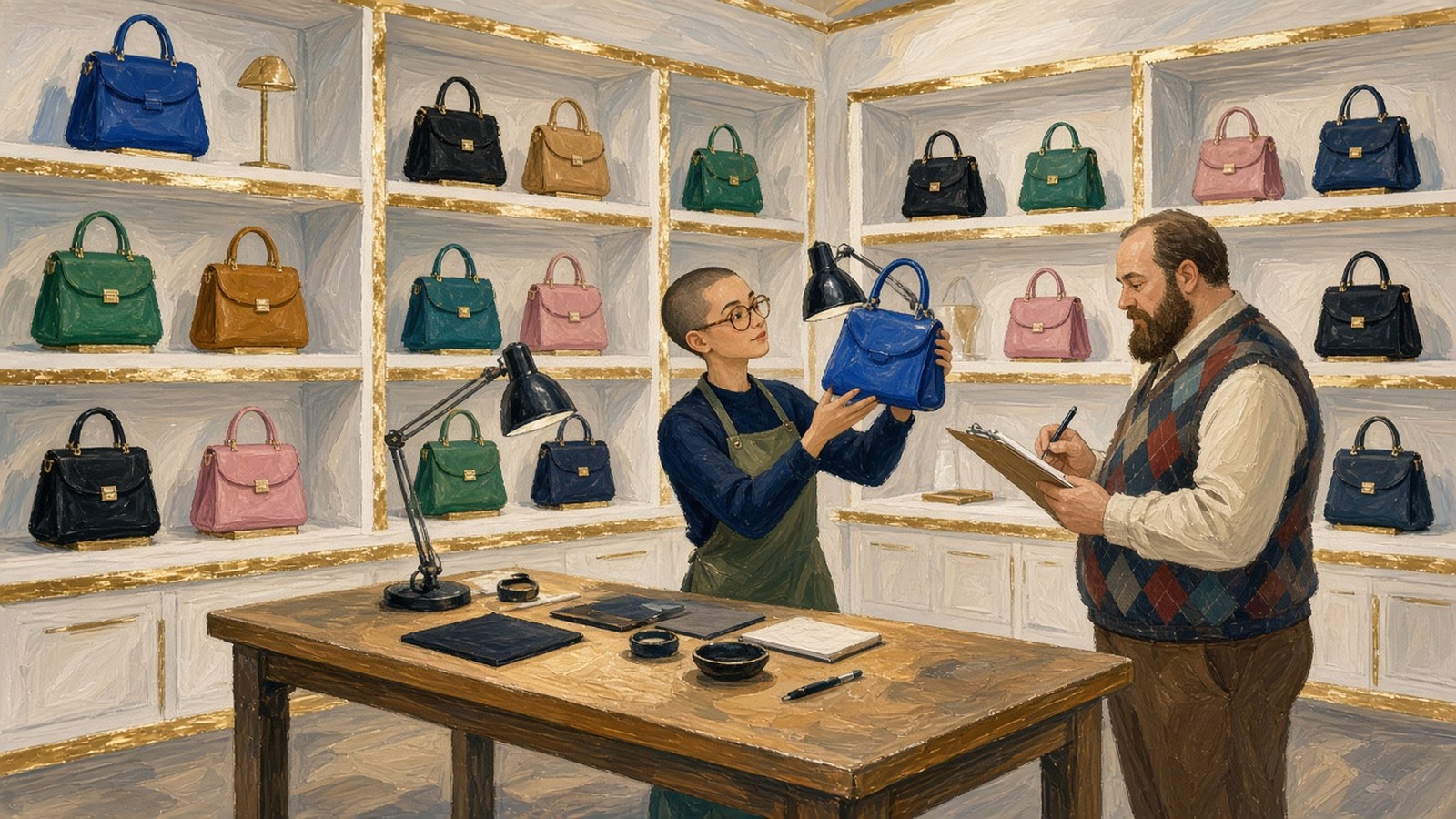 Painting of a resale studio lined with leather bags on stands, a young authenticator in tortoiseshell glasses holding a bag to the light as a colleague in a knitted vest takes notes