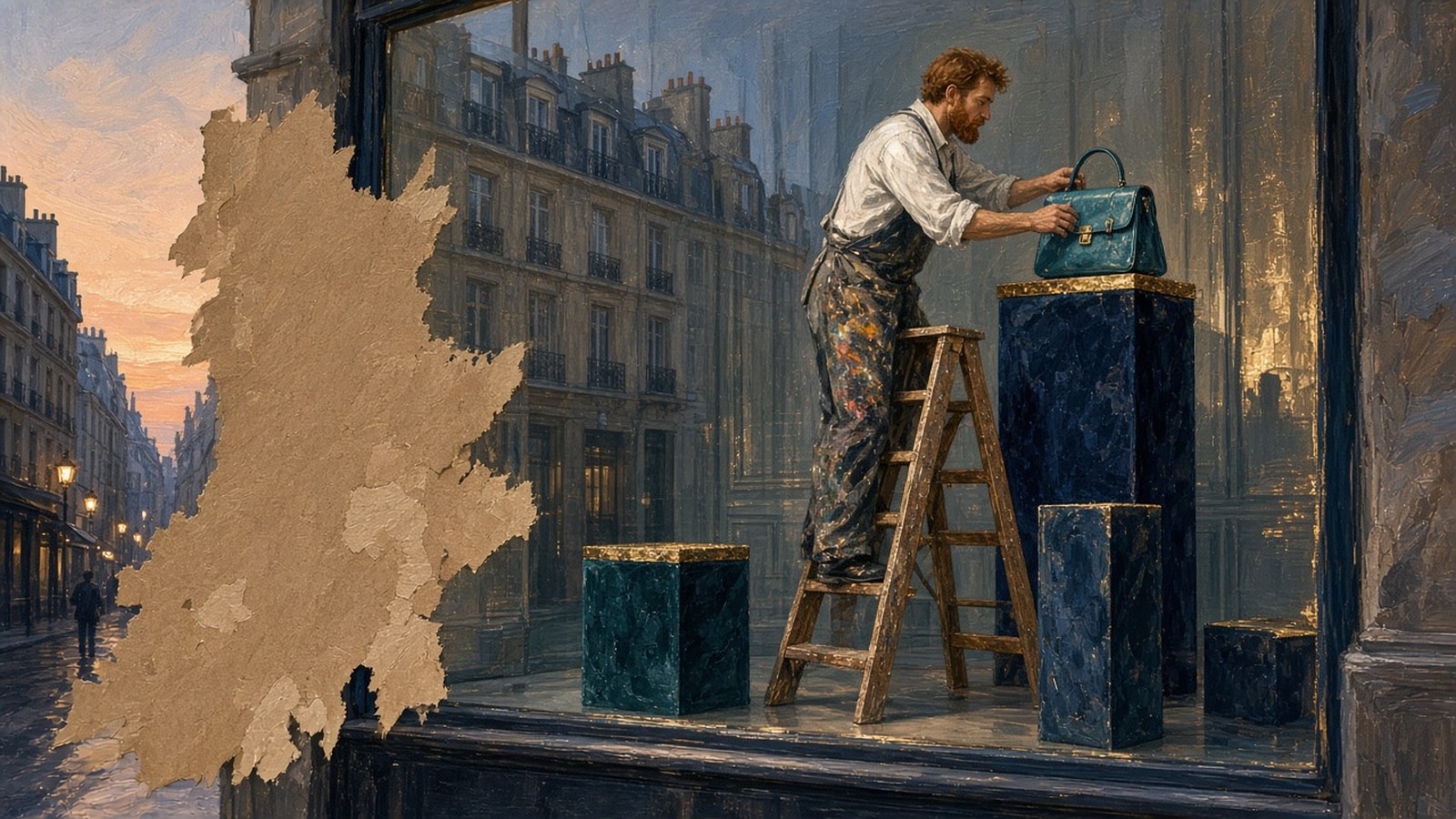 Painting of a ginger-bearded window dresser on a stepladder placing a structured bag on a velvet plinth in a Paris shop window at dawn, other plinths still empty