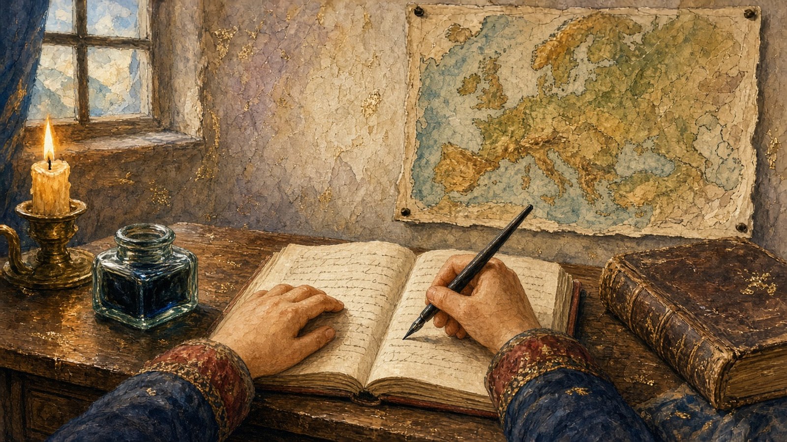Painting of a boy's hands writing in a copybook at a 19th-century school desk beside an inkwell and a map of Europe