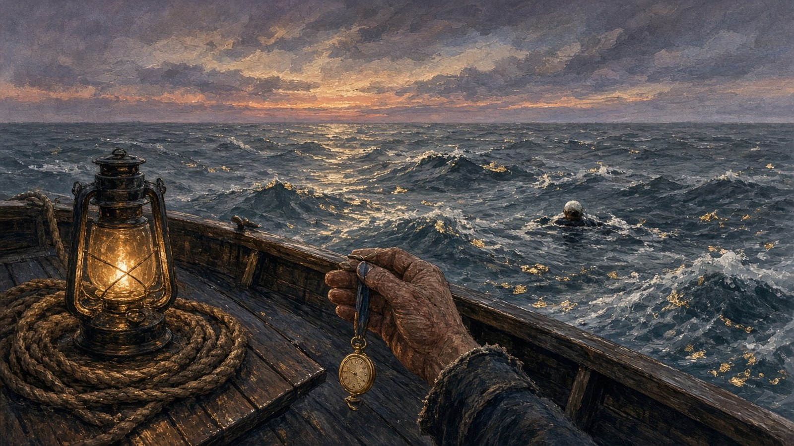 Painting of a small gold watch on a ribbon held from a pilot boat over a grey English Channel, a distant swimmer in the water