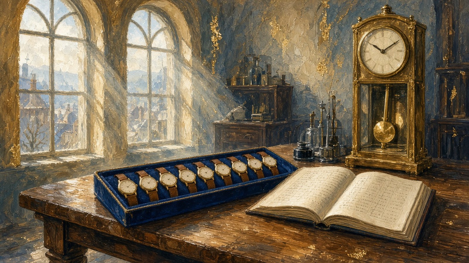 Painting of small wristwatches on a velvet tray beside a brass regulator clock and a handwritten ledger in an observatory room