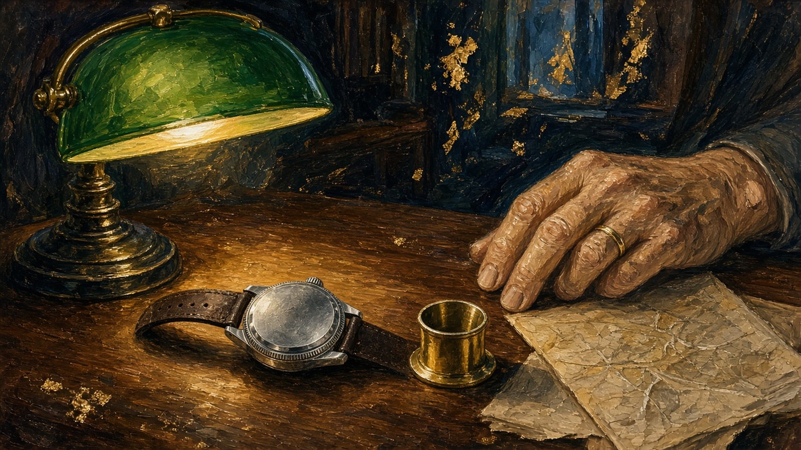 Painting of a steel watch turned face down beside a loupe and a folded guarantee paper under a green desk lamp