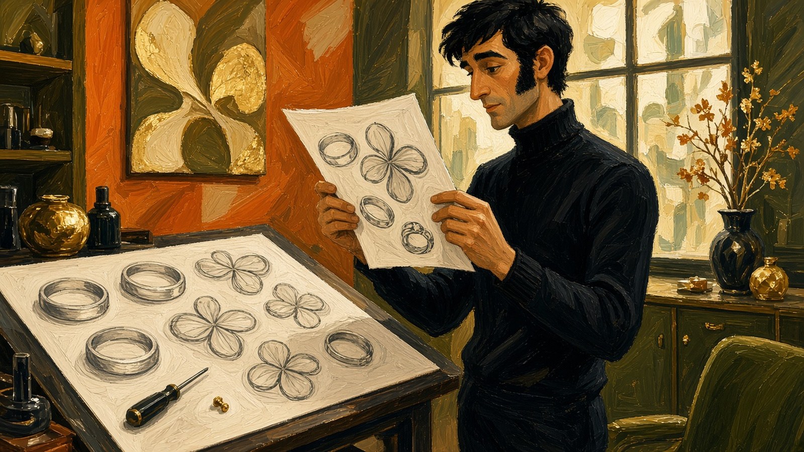 Painting of a late-1960s jewelry design studio with pencil sketches of bangles and four-petal motifs, a tiny screwdriver on the paper and a designer in a turtleneck holding a sketch to the light
