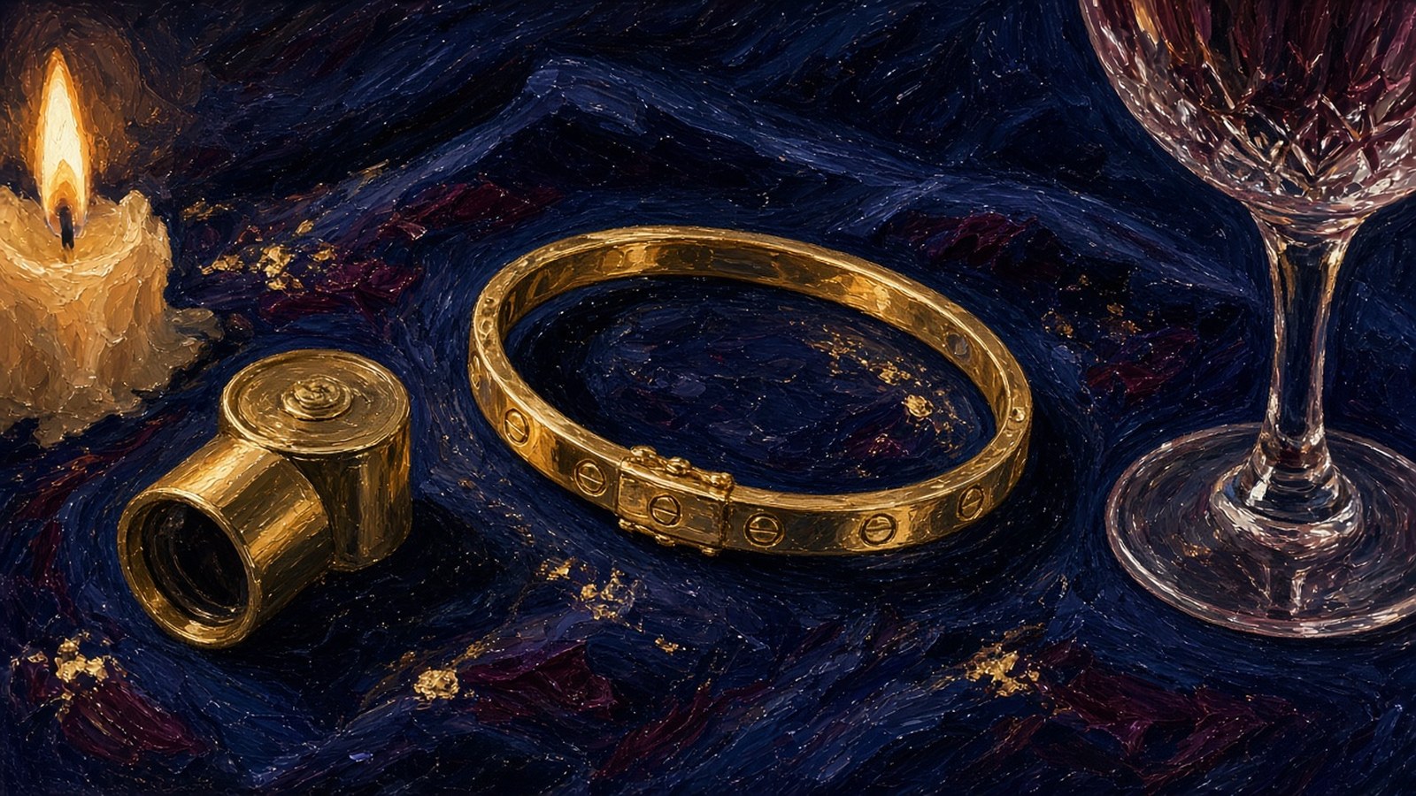 Painted close-up of a slim gold bangle with small screw details at its clasp, resting on dark velvet beside a jeweller's loupe in candlelight
