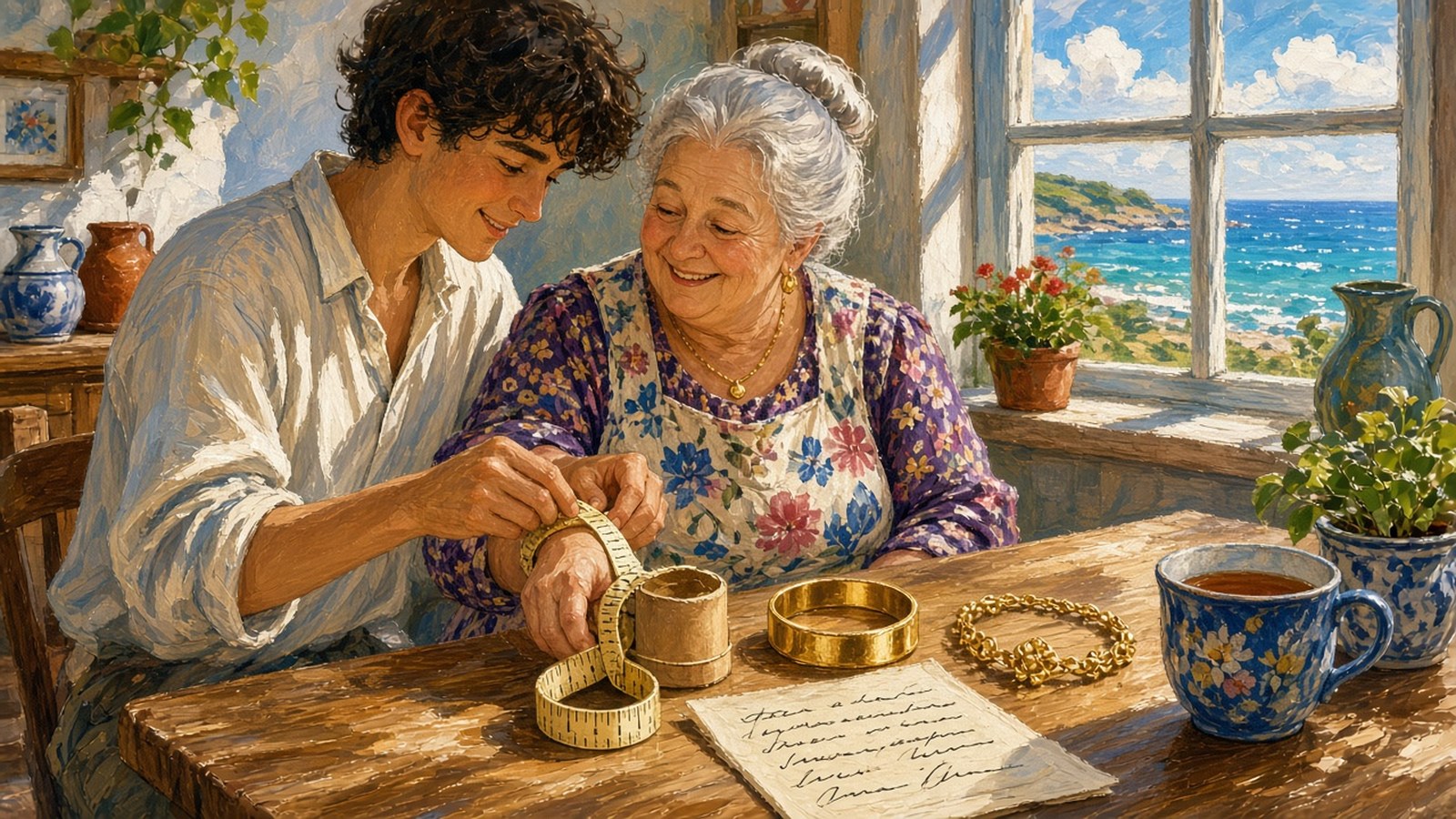 Painting of a teenage boy with curly hair helping his grandmother in a floral apron measure her wrist with a soft tape at a sunlit kitchen table beside two gold bracelets