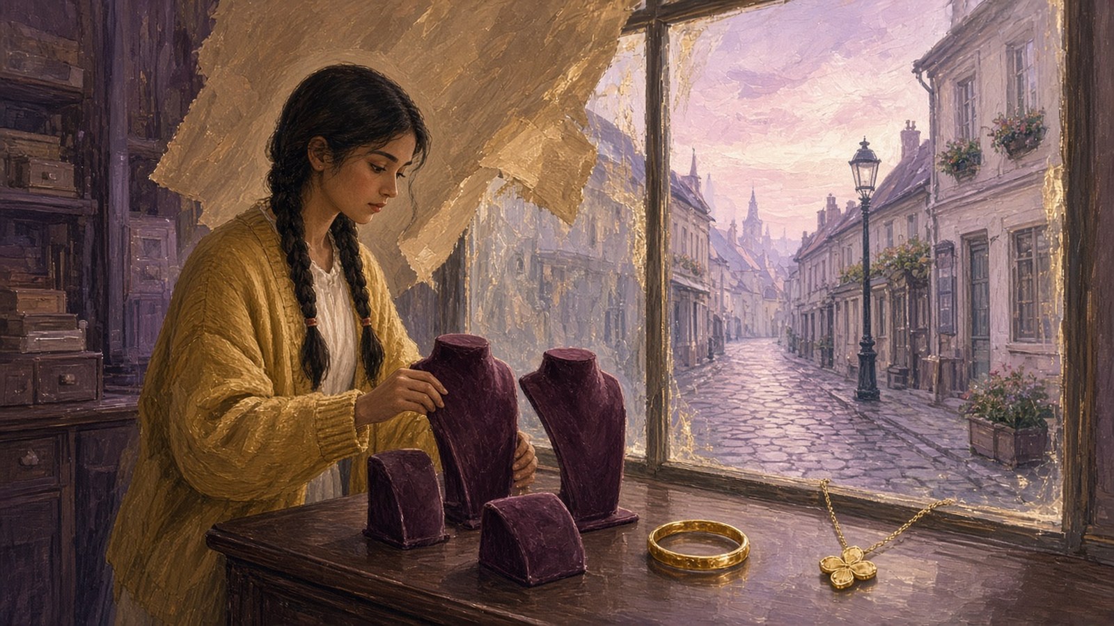 Painting of a young shop assistant with braids arranging mostly empty velvet stands in a jeweler's window at dawn, a gold bangle and a four-petal necklace already displayed