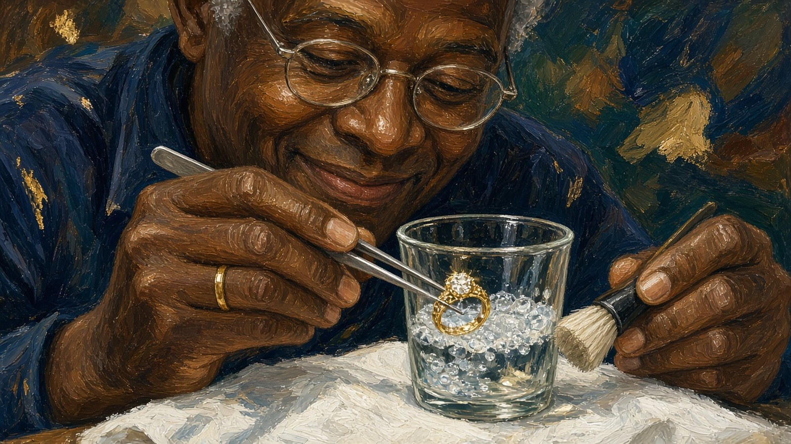 Close-up painting of a jeweler's hands dipping a diamond ring into a glass of soapy water with a soft brush