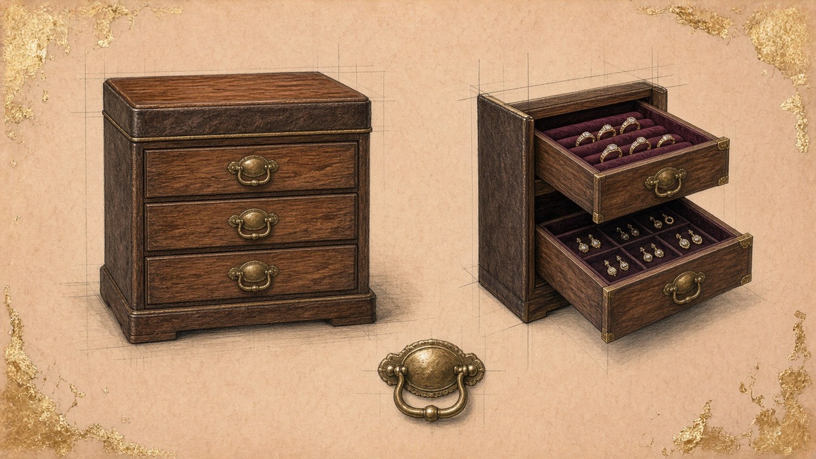 Gouache design sketch on toned paper of a tiered jewelry case from the front and side, drawers open to show ring rolls and earring slots
