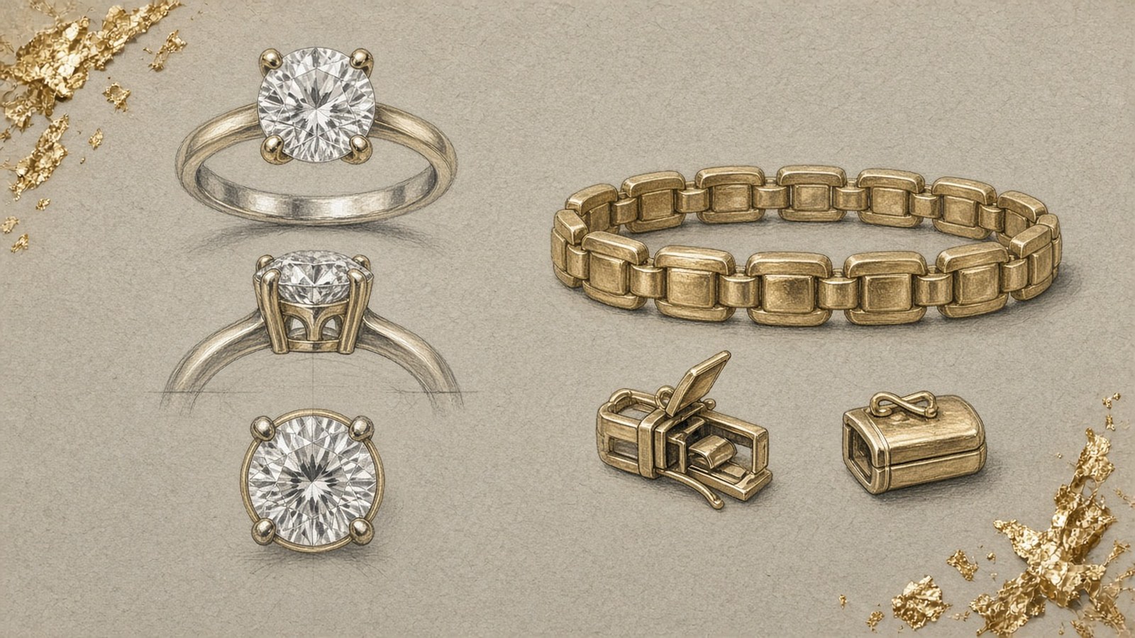 Gouache design sketch of a solitaire ring from the front, in profile and from above, beside a gold bracelet with studies of its clasp