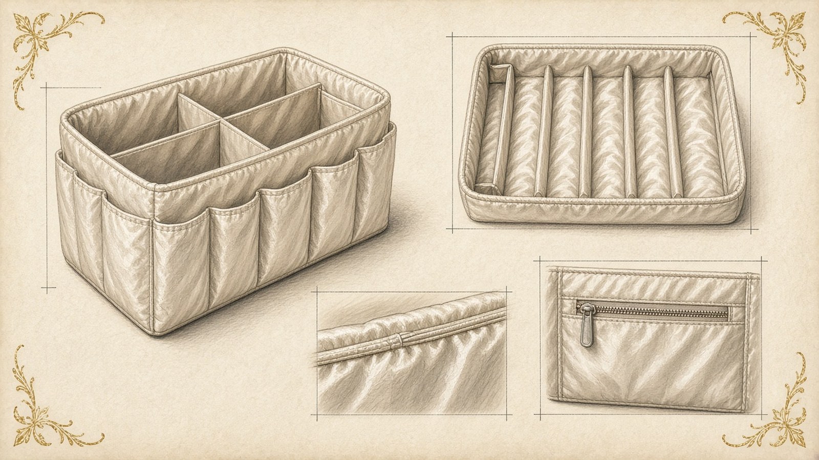Gouache design sketch of a silk handbag insert in three-quarter and top view, with details of its seam and zip pocket