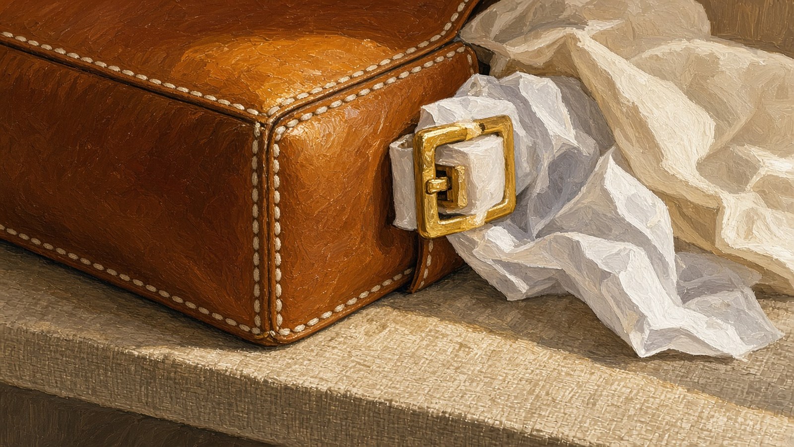 Close-up still-life painting of a tan leather handbag corner with sharp saddle stitching and a gold buckle half-wrapped in tissue on a linen shelf