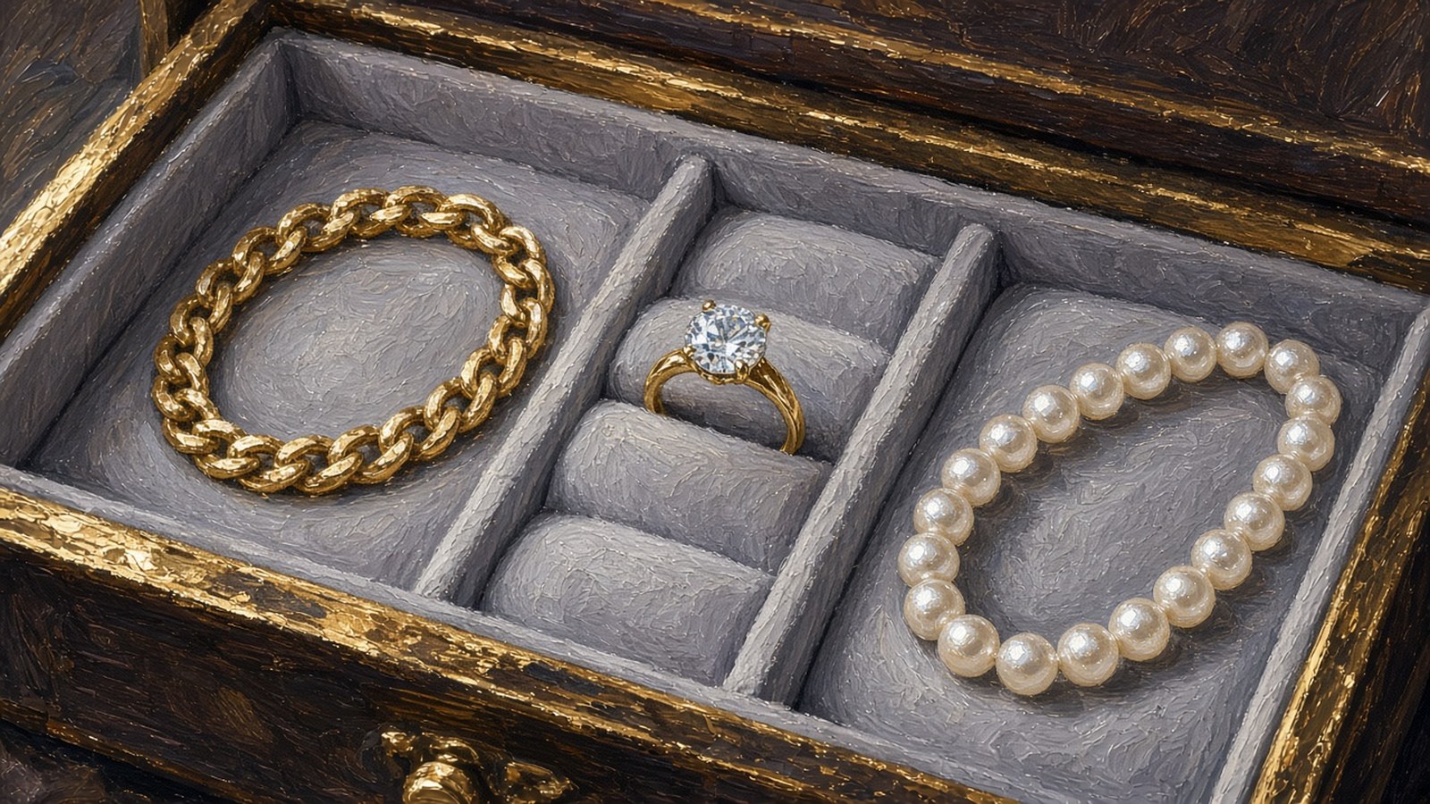 Close-up still-life painting of a velvet-lined jewelry drawer with a gold bracelet, a diamond ring in a ring roll and a strand of pearls in separate compartments