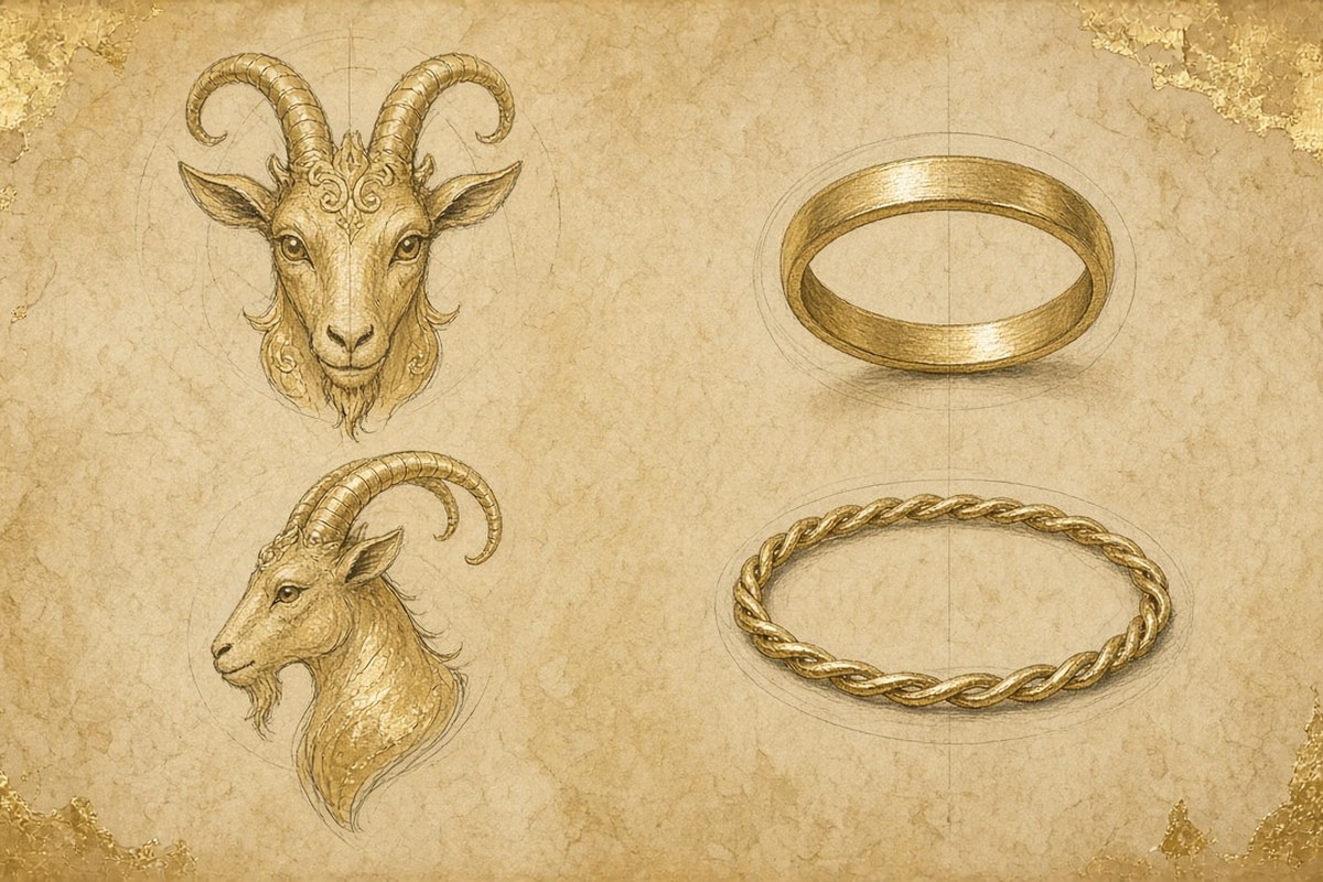 Gouache design sketch of a small gold charm, a plain gold ring and a twisted bracelet