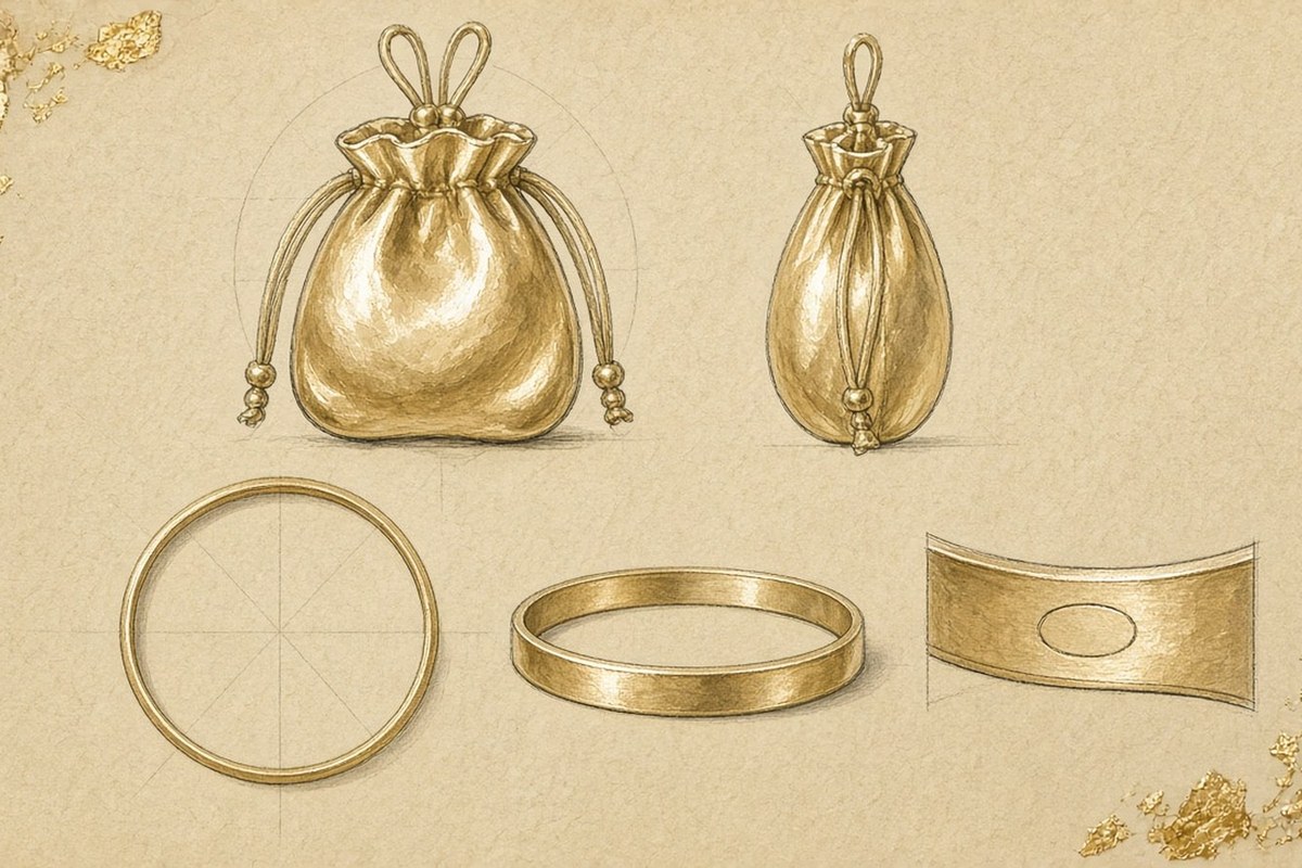 Gouache design sketch of a small gold purse charm and a thin gold bangle drawn front and side