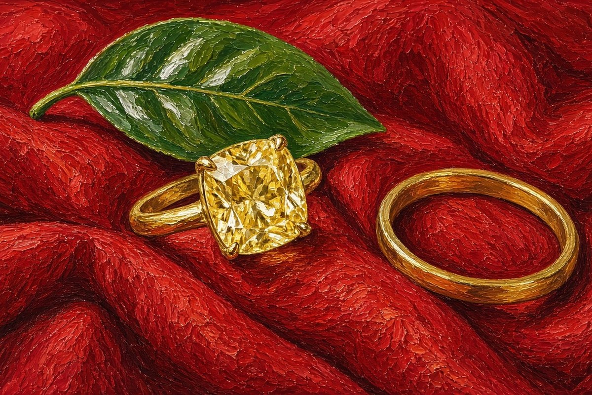 Close-up still-life painting of a yellow diamond ring on red silk beside a gold bangle