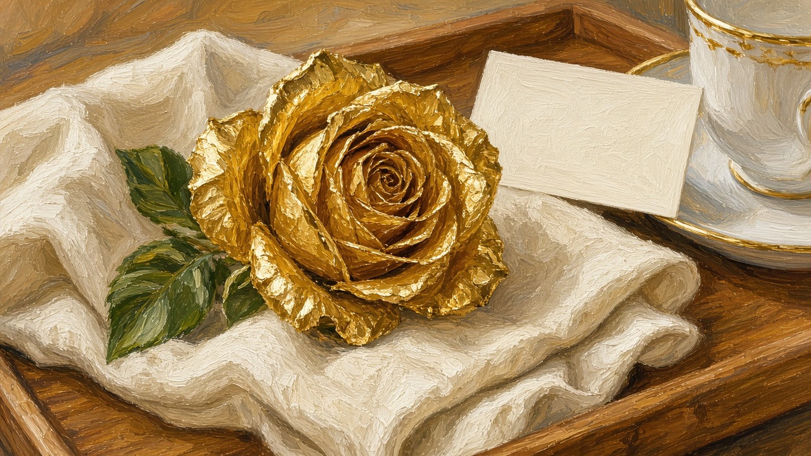Close-up still-life painting of a gold-dipped rose lying across a cream linen napkin on a breakfast tray with a blank card