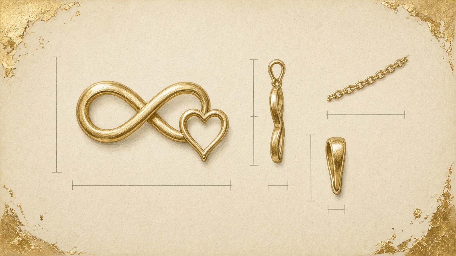 Gouache design sketch of an infinity-and-heart pendant from the front and in profile, with details of the bail and chain