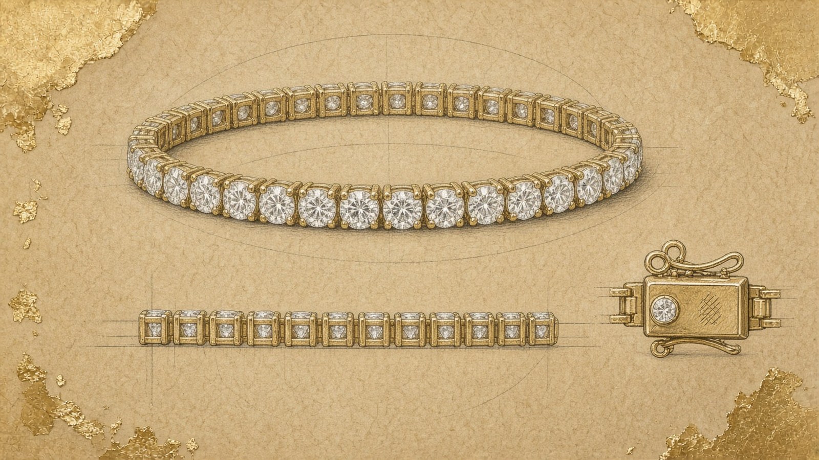 Gouache design sketch on toned paper of a tennis bracelet laid flat, a side view of its settings and a detail of the box clasp