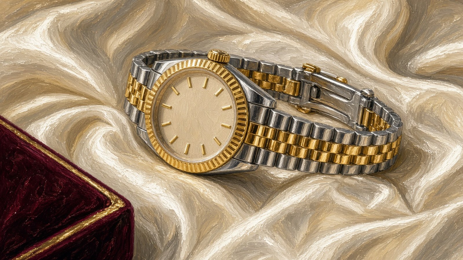Close-up still-life painting of a two-tone ladies' watch with a fluted bezel resting on champagne silk, its clasp half open