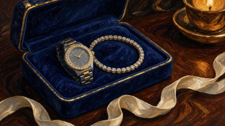 Close-up still-life painting of a velvet-lined gift box holding a small diamond-bezel watch and a crystal tennis bracelet, with a cream ribbon on a walnut table