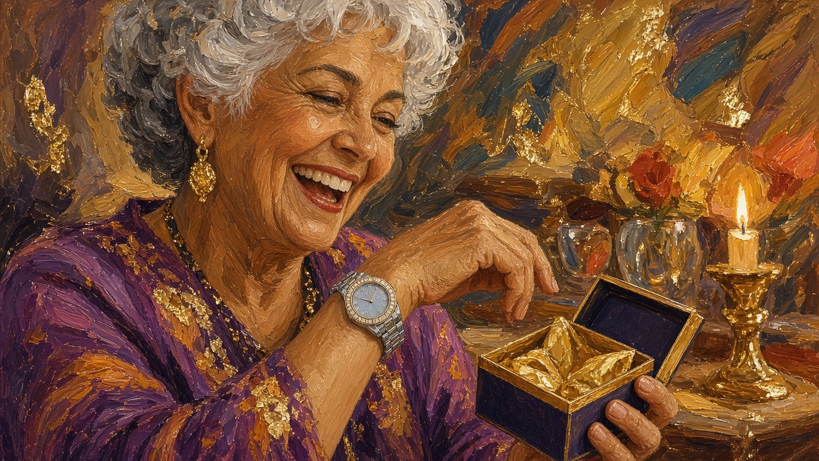 Close-up painting of a silver-haired woman smiling as she turns her wrist to admire a small diamond-bezel watch, an open gift box in her other hand