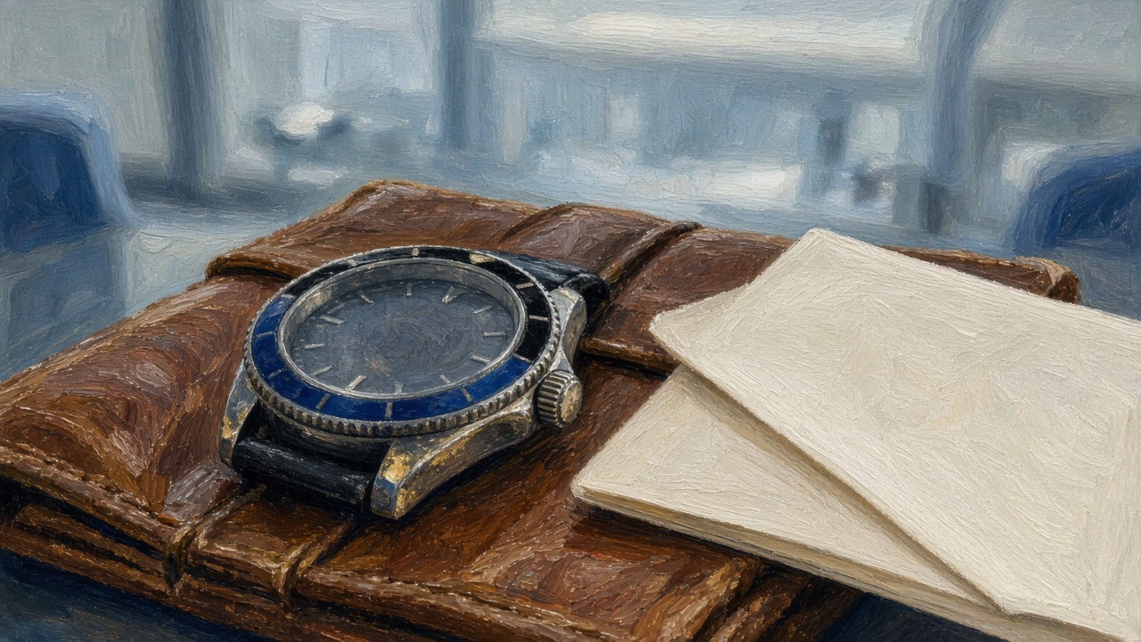 Close-up still-life painting of a steel watch with a black and blue bezel resting on a worn leather passport wallet