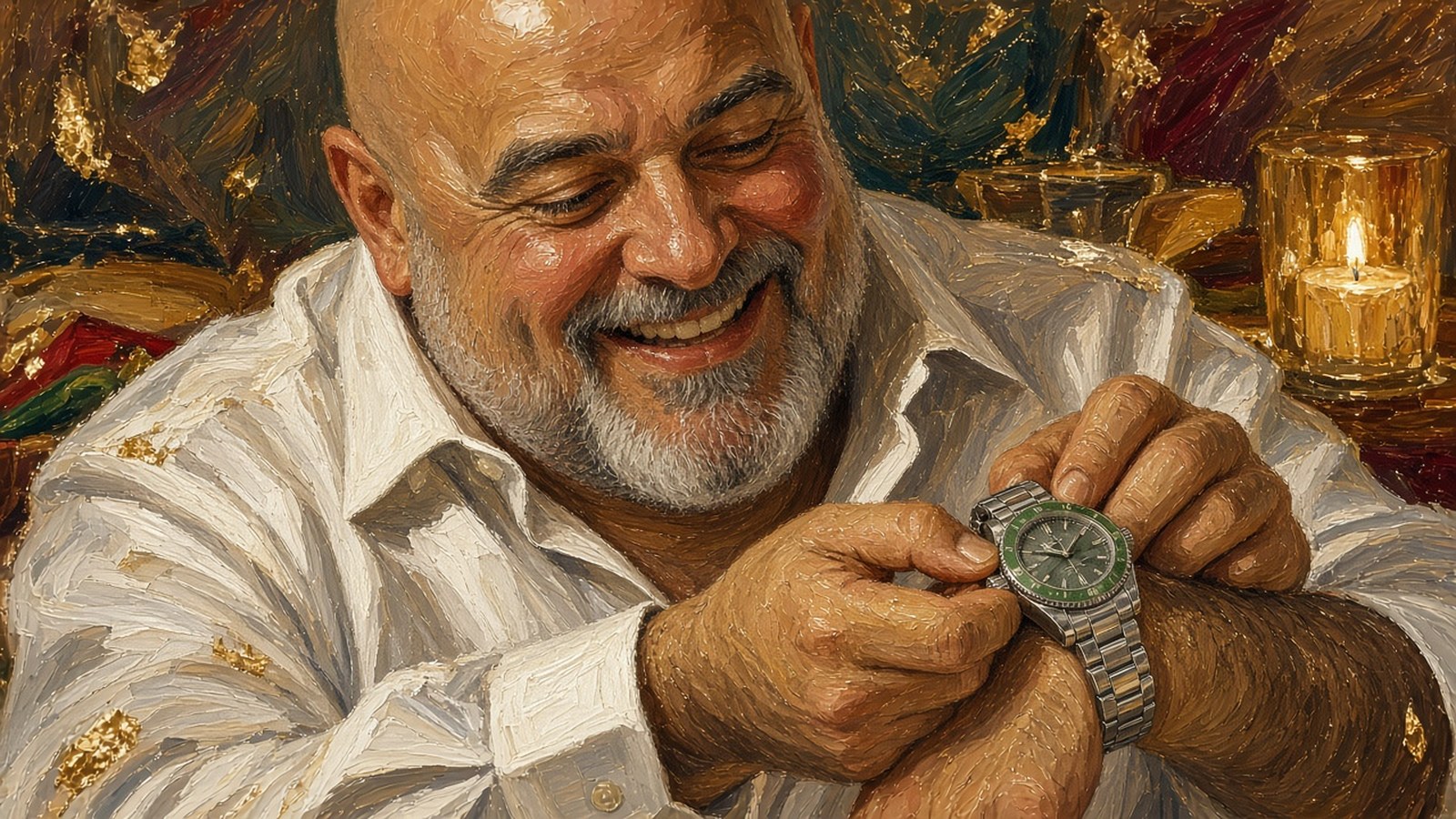 Close-up painting of a bearded man in a white shirt grinning as he fastens the clasp of a steel watch with a green bezel