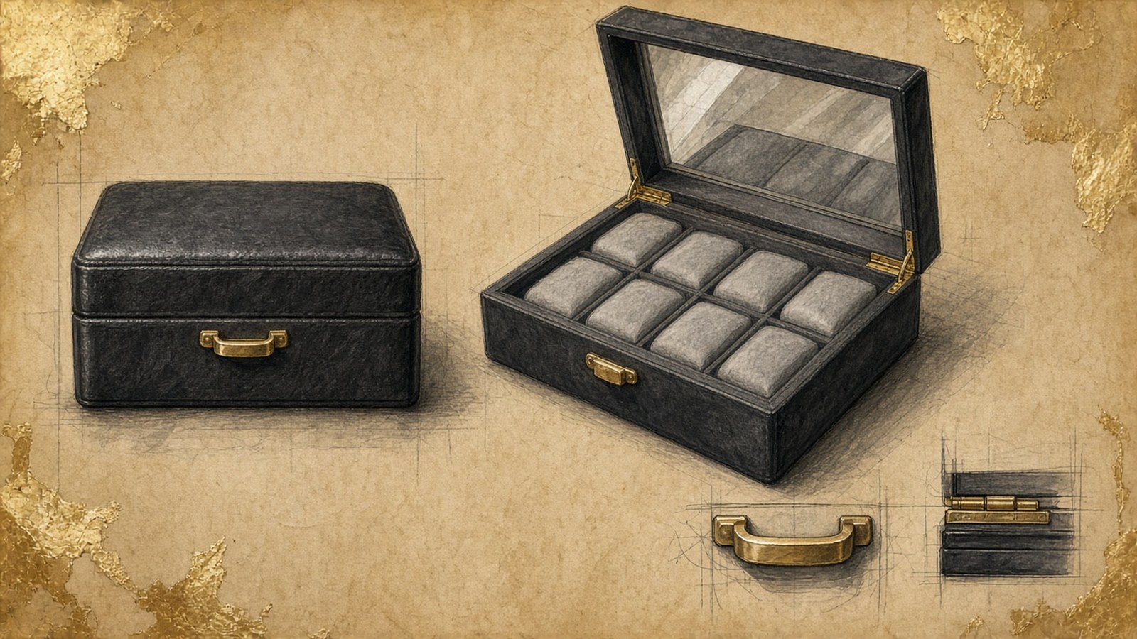 Gouache design sketch on toned paper of a leather watch box closed and open, with details of the drawer pull and hinge