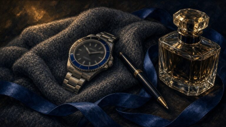 Close-up still-life painting of a steel watch with a black and blue bezel on a charcoal cashmere scarf beside a dark pen and a glass fragrance bottle