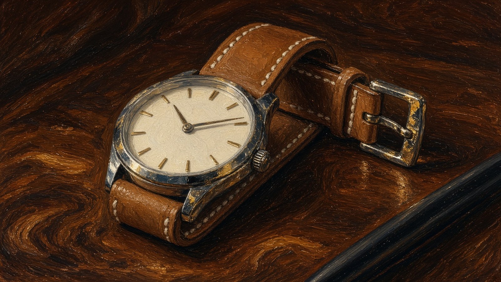 Close-up still-life painting of a steel watch on a tan leather strap curled on a walnut desk beside a slim black pen