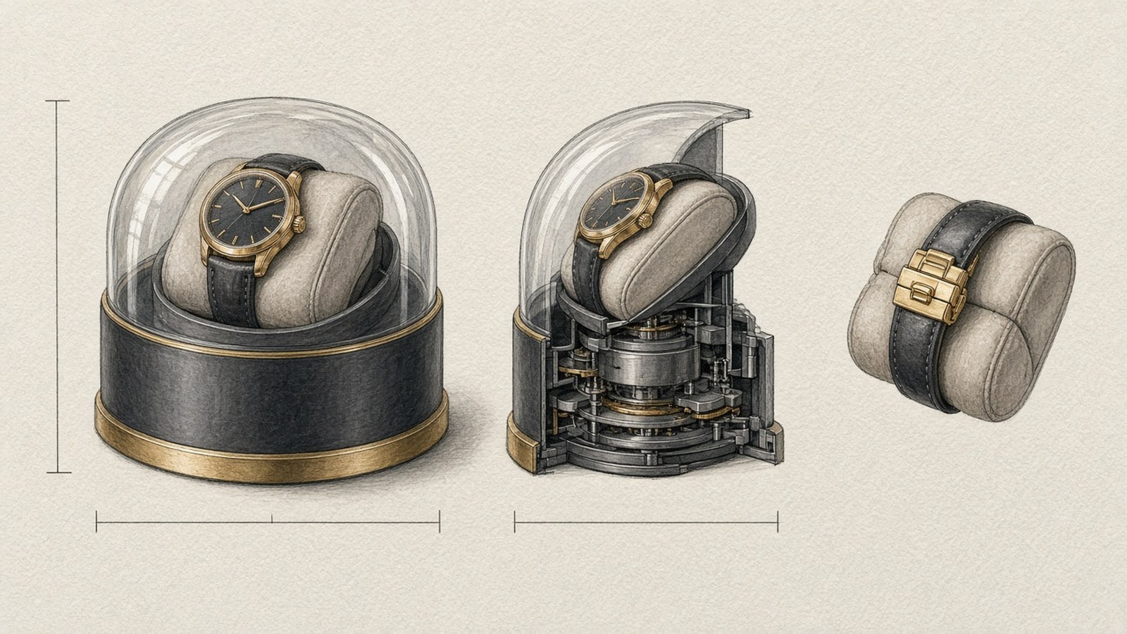 Gouache design sketch of a single watch winder from the front and in section, with a detail of a watch clasp around the cushion