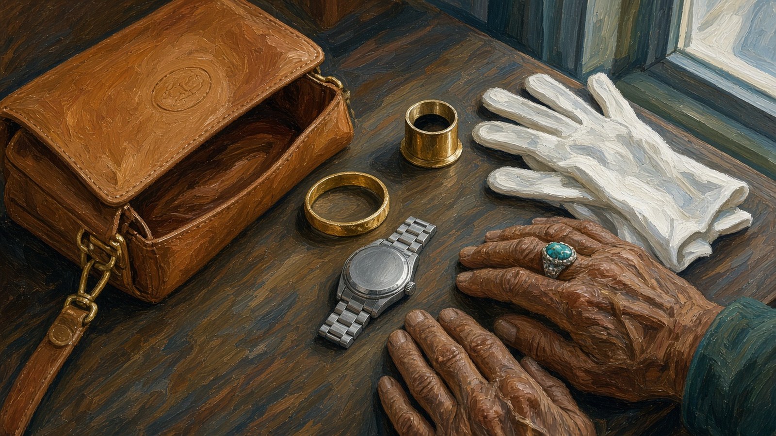 Painting of an appraisal desk with an open handbag, a gold bangle and a face-down watch beside a loupe and cotton gloves, an elderly appraiser's hands resting nearby