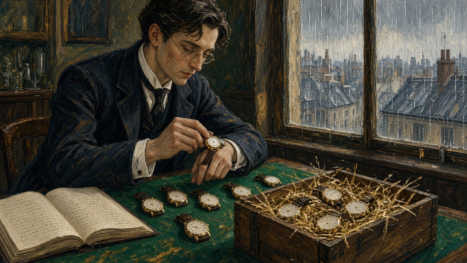 Painting of an Edwardian London office on a rainy day, a young clerk with spectacles unpacking small wristwatches from a crate onto a green baize desk