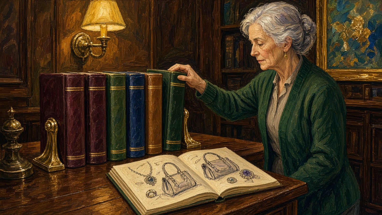 Painting of a wood-panelled library with a row of colored leather ledgers, one open to sketches of jewels and bags, a silver-haired woman reaching for the next volume