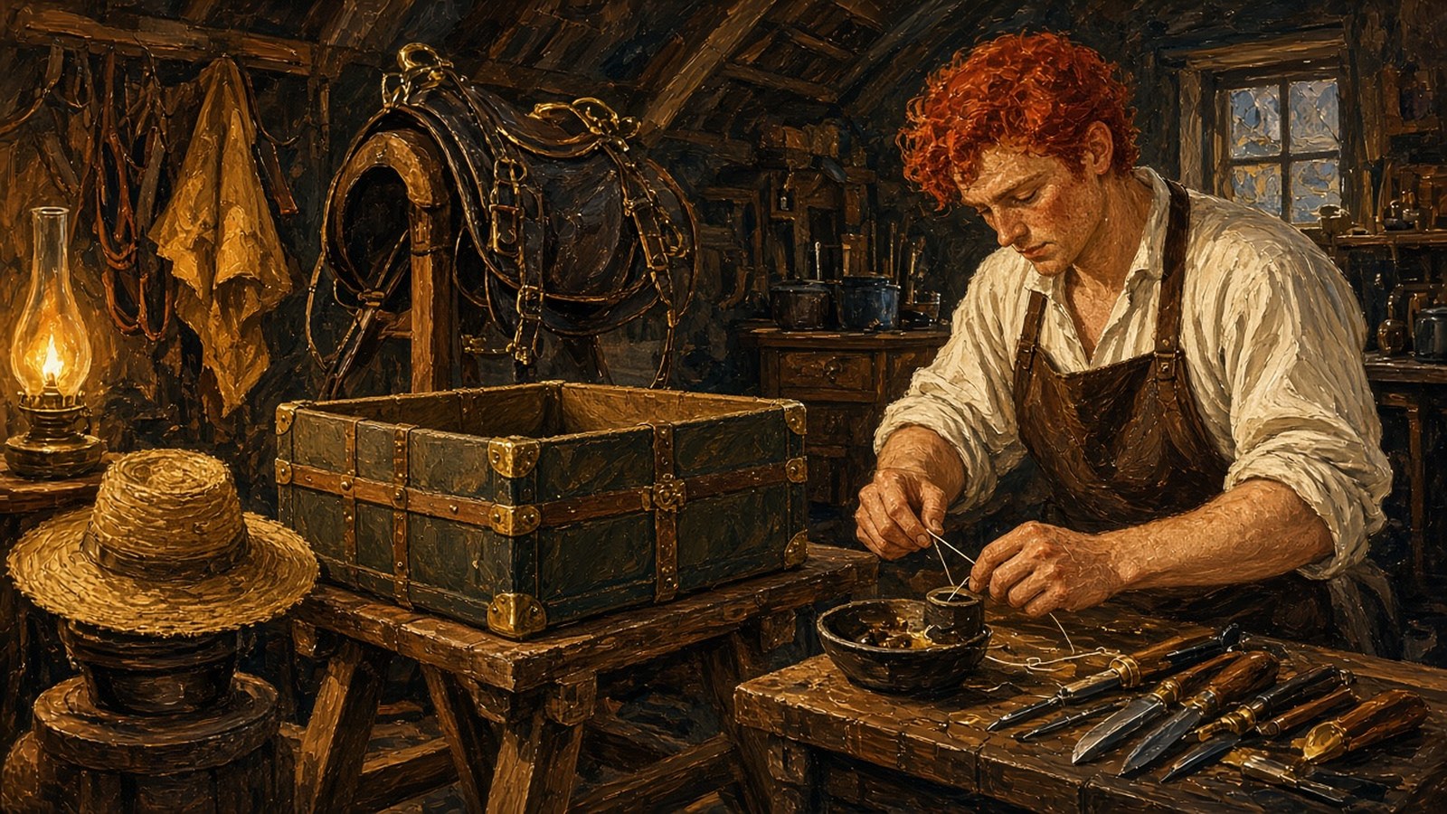 Painting of a lamplit 19th-century Paris workshop with a leather harness, a brass-cornered trunk, a hat on a milliner's block and a red-haired apprentice waxing thread