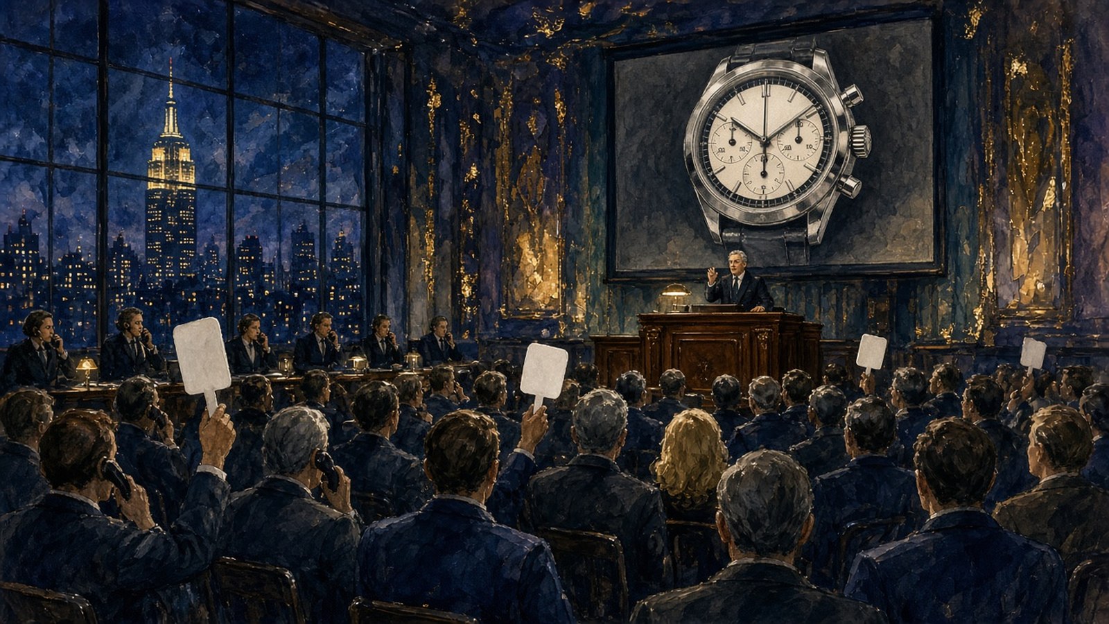 Painting of a crowded New York auction room seen from the back, telephone bidders along the wall and a watch on a big screen
