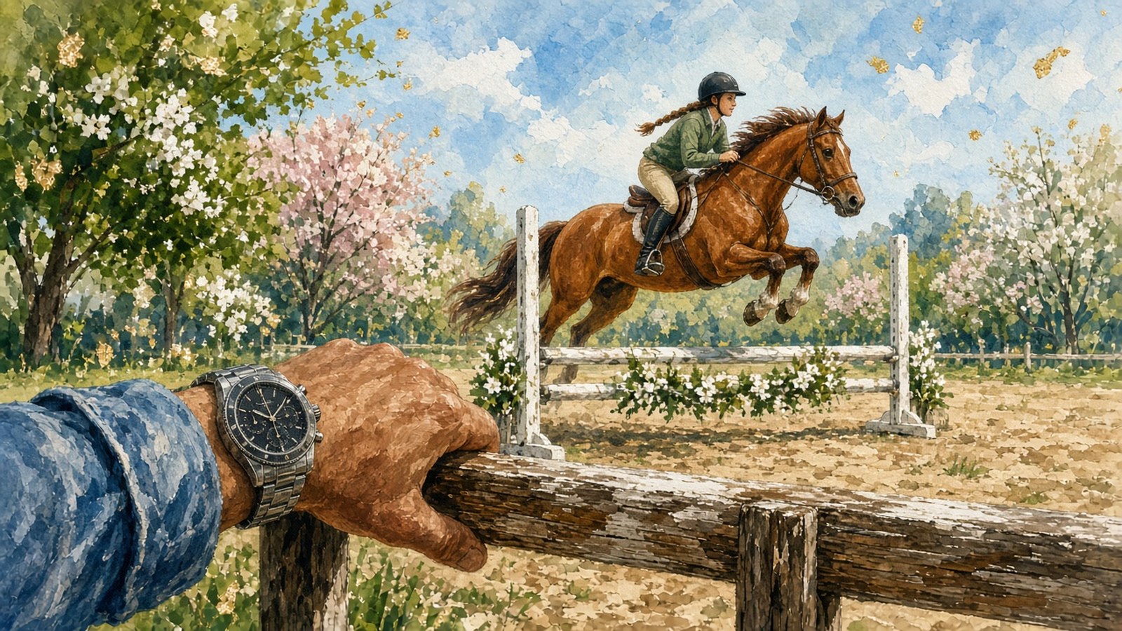 Painting of a forearm on a fence rail wearing a black-dial chronograph while a girl rides a chestnut horse over a low jump