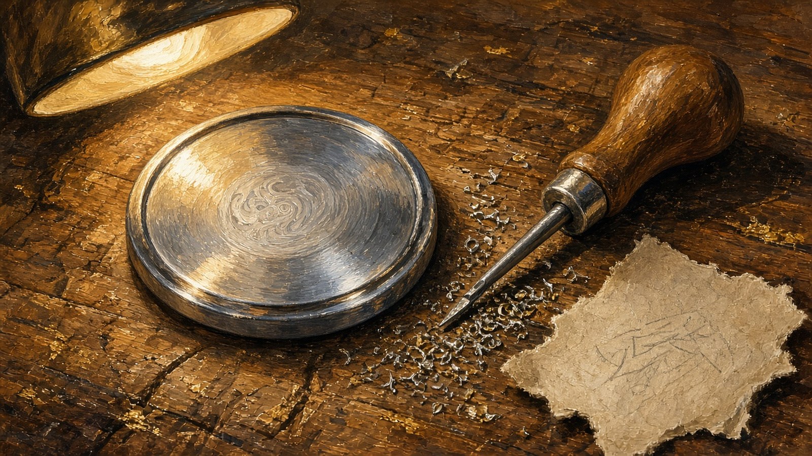Painting of a steel watch case back on an engraver's workbench beside a burin and a pencilled note