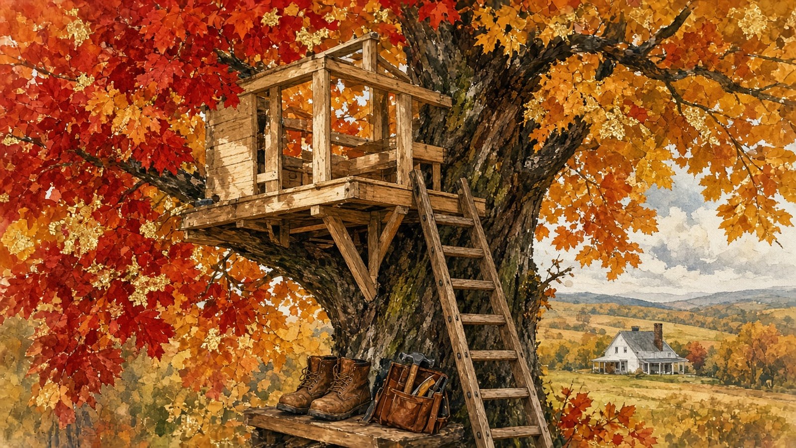 Painting of a half-built treehouse in an autumn tree with a ladder, work boots and a toolbelt, a farmhouse roof beyond