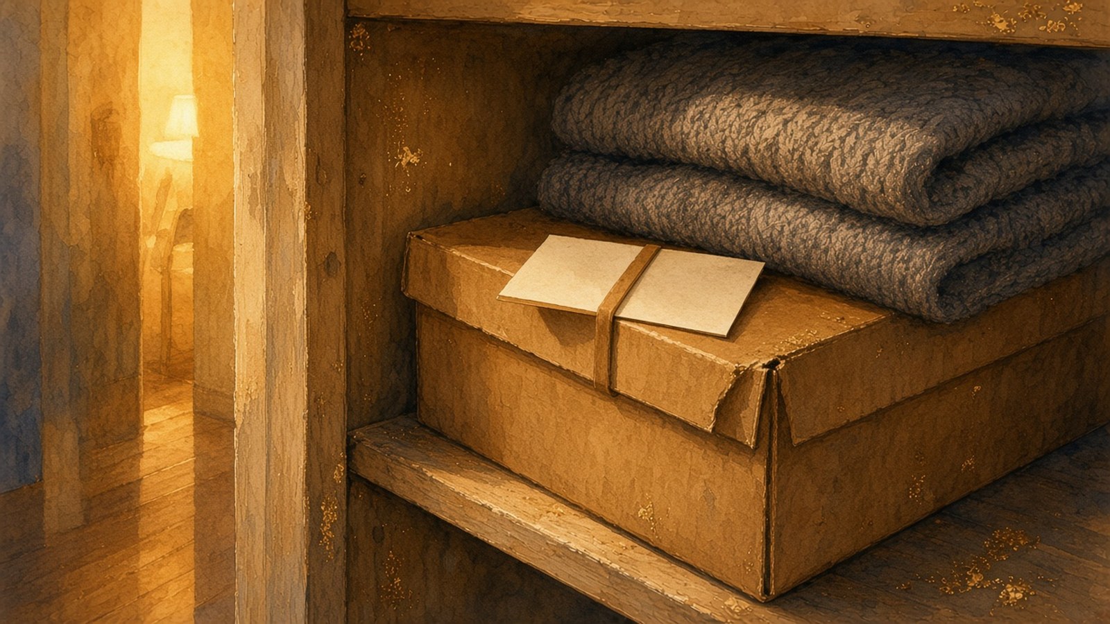 Painting of a scuffed cardboard box on a closet shelf under folded gray sweaters, a blank card held on its lid with a band, lit by warm light from the hallway.