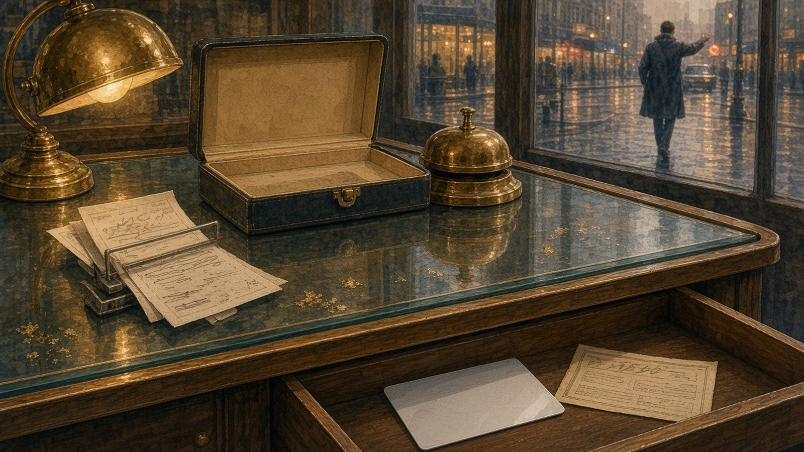 Painting of an old shop counter with an open, empty watch box, a brass bell, a desk lamp and a spike of receipts, and a drawer below holding a plain plastic card and a yellowed paper certificate, while a customer walks off down a rainy street outside.
