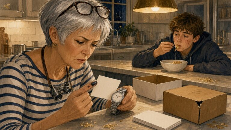 Painting of a silver-haired woman in a striped Breton top, glasses pushed up on her head and a loupe on a cord around her neck, holding a blank card beside a steel watch at a kitchen island, with an open plain box, a scuffed cardboard box and a stack of booklets, while a teenage boy eats cereal behind her.