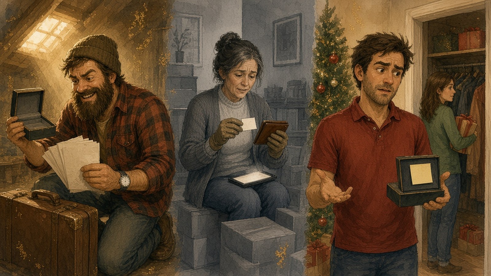 Painted triptych: a bearded man in a beanie kneeling by an old suitcase in an attic, grinning as he holds up an empty watch box and a fan of papers; a woman in a cardigan sitting on moving boxes, holding a small card and a leather wallet; and a man in a red polo shrugging with an empty watch box while a woman by a Christmas tree hides a gift.